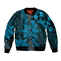Vintage Tonga Tribal Ngatu Pattern Sleeve Zip Bomber Jacket With Pacific Floral Aqua Art LT9 Unisex Aqua - Polynesian Pride