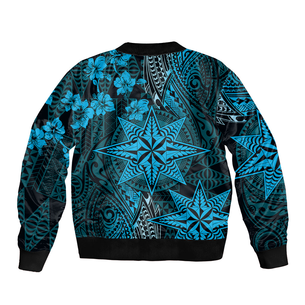 Vintage Tonga Tribal Ngatu Pattern Sleeve Zip Bomber Jacket With Pacific Floral Aqua Art LT9 - Polynesian Pride