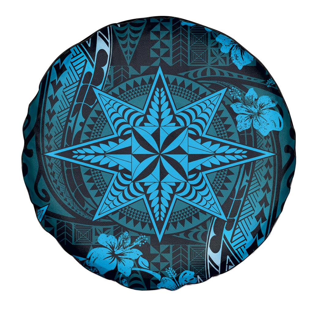 Vintage Tonga Tribal Ngatu Pattern Spare Tire Cover With Pacific Floral Aqua Art LT9 - Polynesian Pride