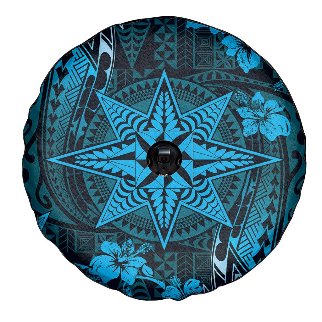 Vintage Tonga Tribal Ngatu Pattern Spare Tire Cover With Pacific Floral Aqua Art LT9 - Polynesian Pride