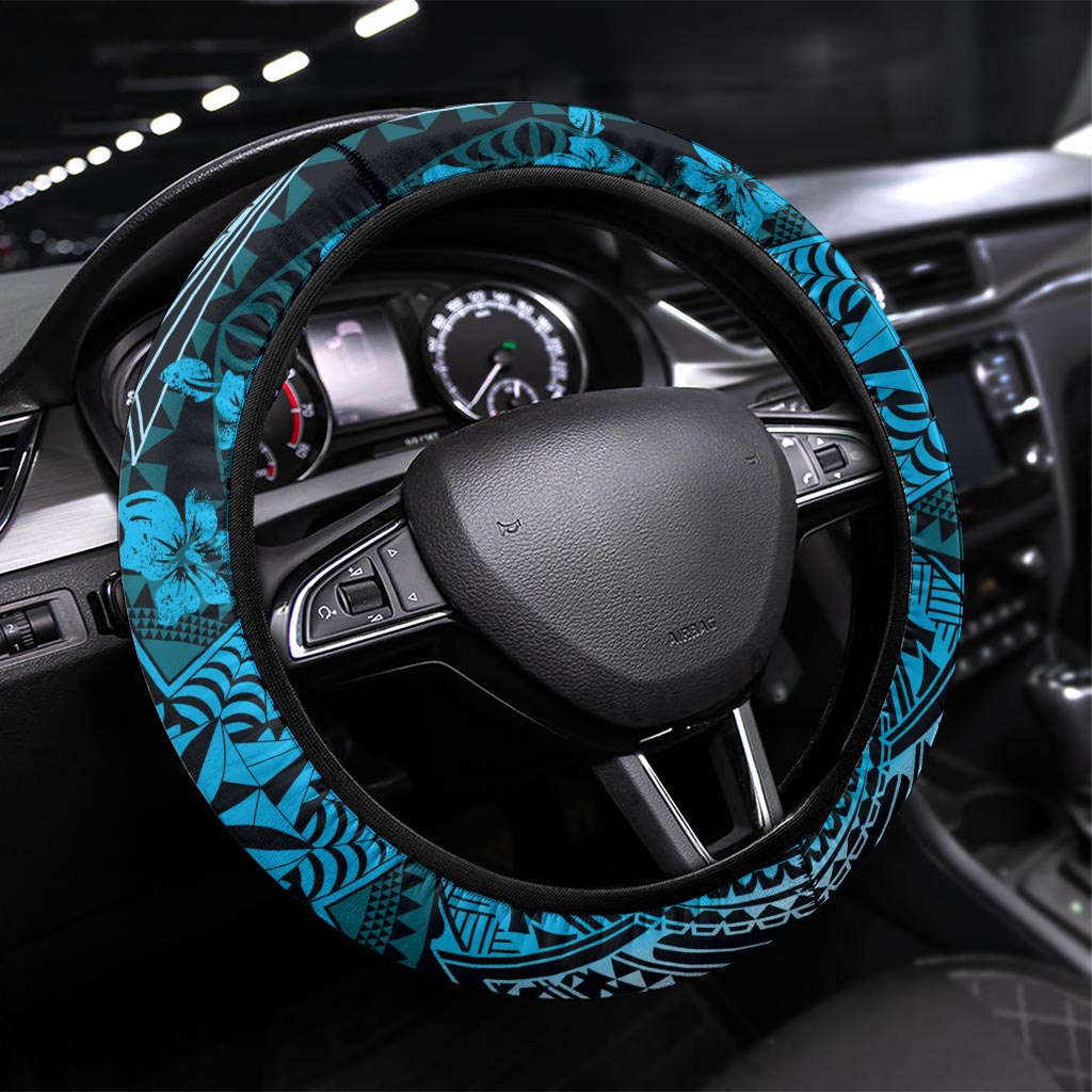 Vintage Tonga Tribal Ngatu Pattern Steering Wheel Cover With Pacific Floral Aqua Art LT9 Universal Fit Aqua - Polynesian Pride