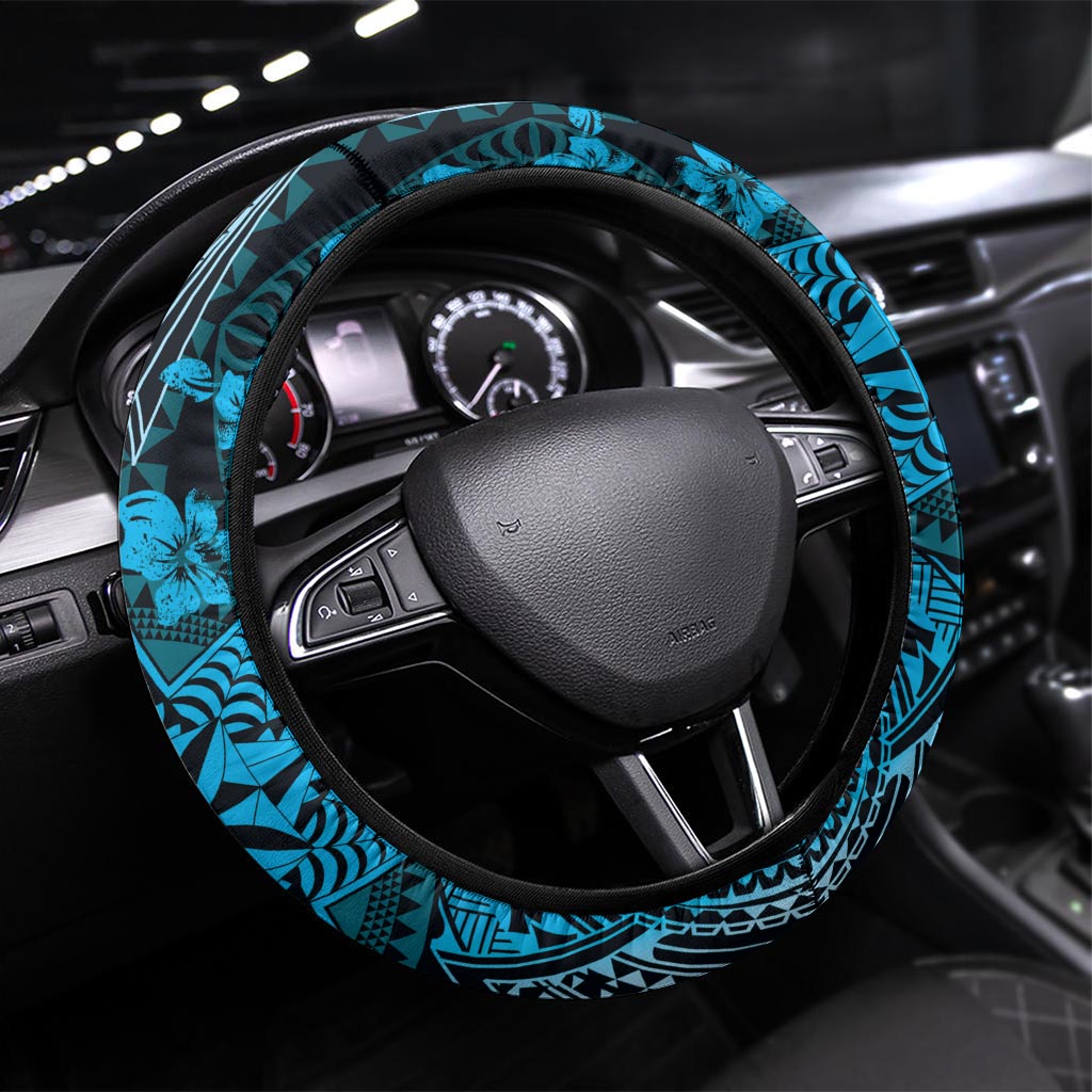 Vintage Tonga Tribal Ngatu Pattern Steering Wheel Cover With Pacific Floral Aqua Art