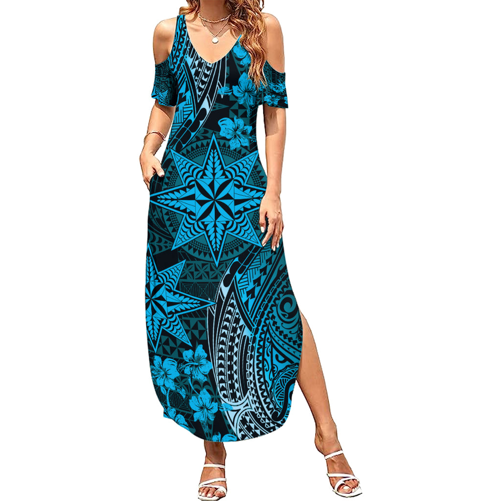 Vintage Tonga Tribal Ngatu Pattern Summer Maxi Dress With Pacific Floral Aqua Art