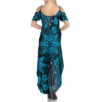 Vintage Tonga Tribal Ngatu Pattern Summer Maxi Dress With Pacific Floral Aqua Art LT9 - Polynesian Pride