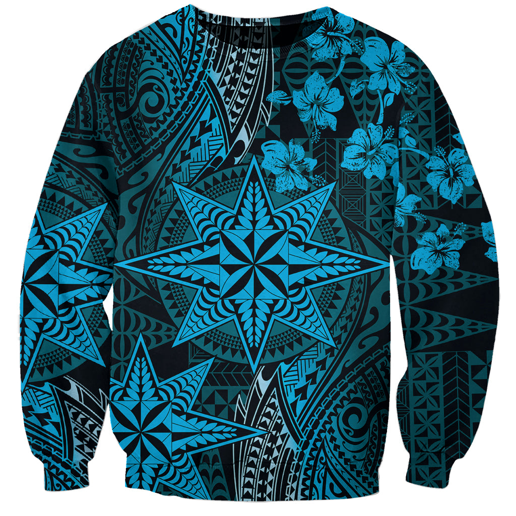 Vintage Tonga Tribal Ngatu Pattern Sweatshirt With Pacific Floral Aqua Art