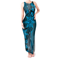 Vintage Tonga Tribal Ngatu Pattern Tank Maxi Dress With Pacific Floral Aqua Art LT9 Women Aqua - Polynesian Pride