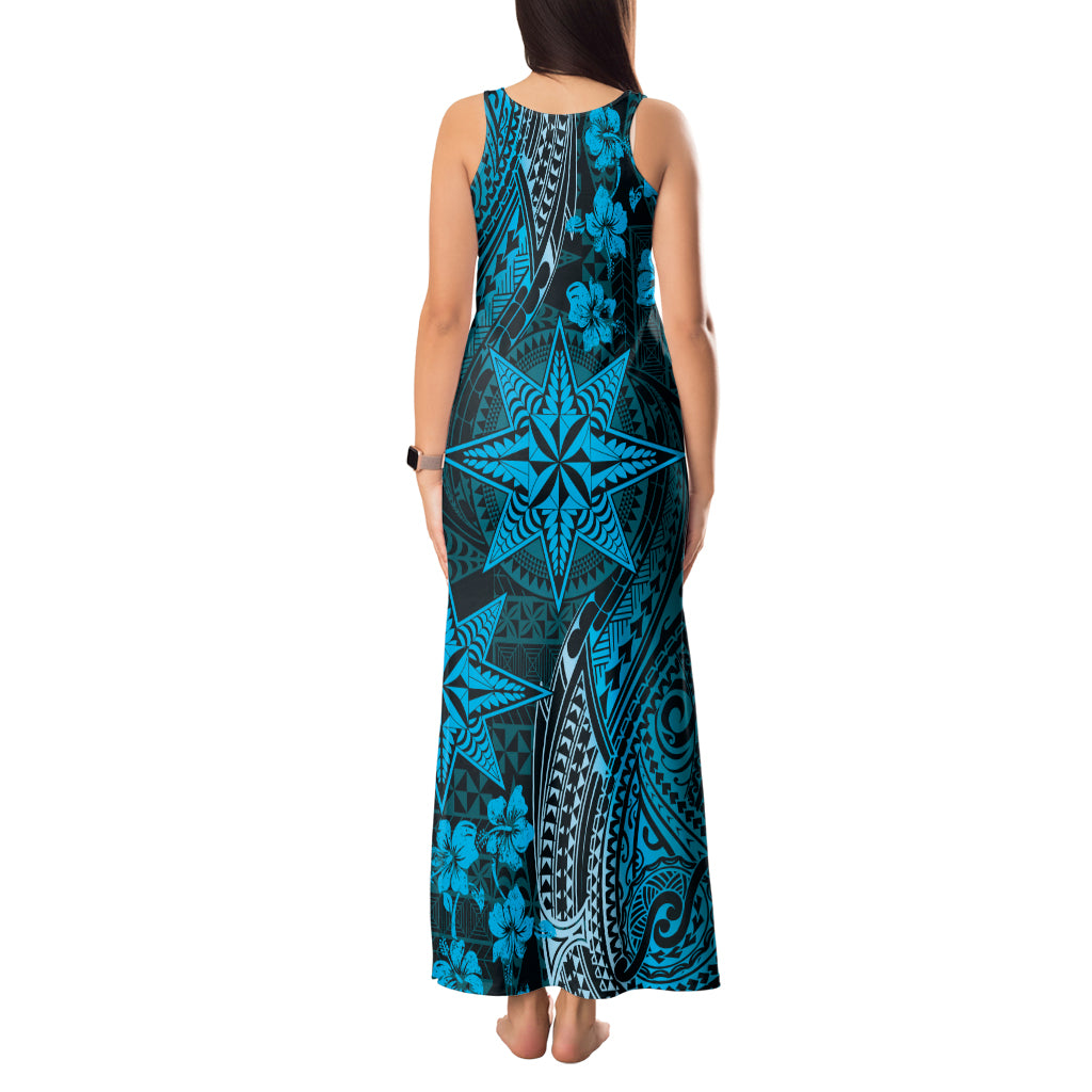 Vintage Tonga Tribal Ngatu Pattern Tank Maxi Dress With Pacific Floral Aqua Art LT9 - Polynesian Pride
