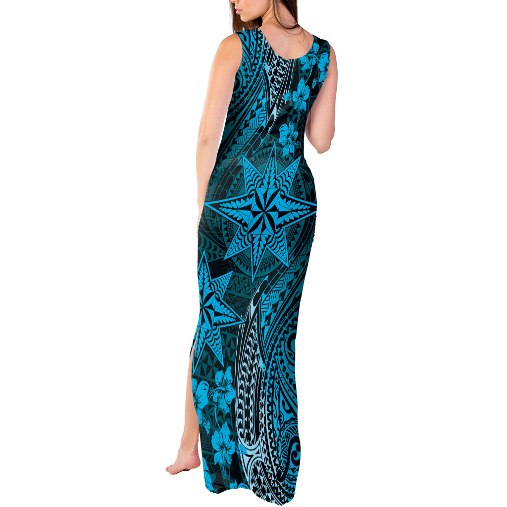 Vintage Tonga Tribal Ngatu Pattern Tank Maxi Dress With Pacific Floral Aqua Art LT9 - Polynesian Pride
