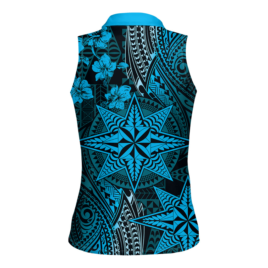 Vintage Tonga Tribal Ngatu Pattern Women Sleeveless Polo Shirt With Pacific Floral Aqua Art