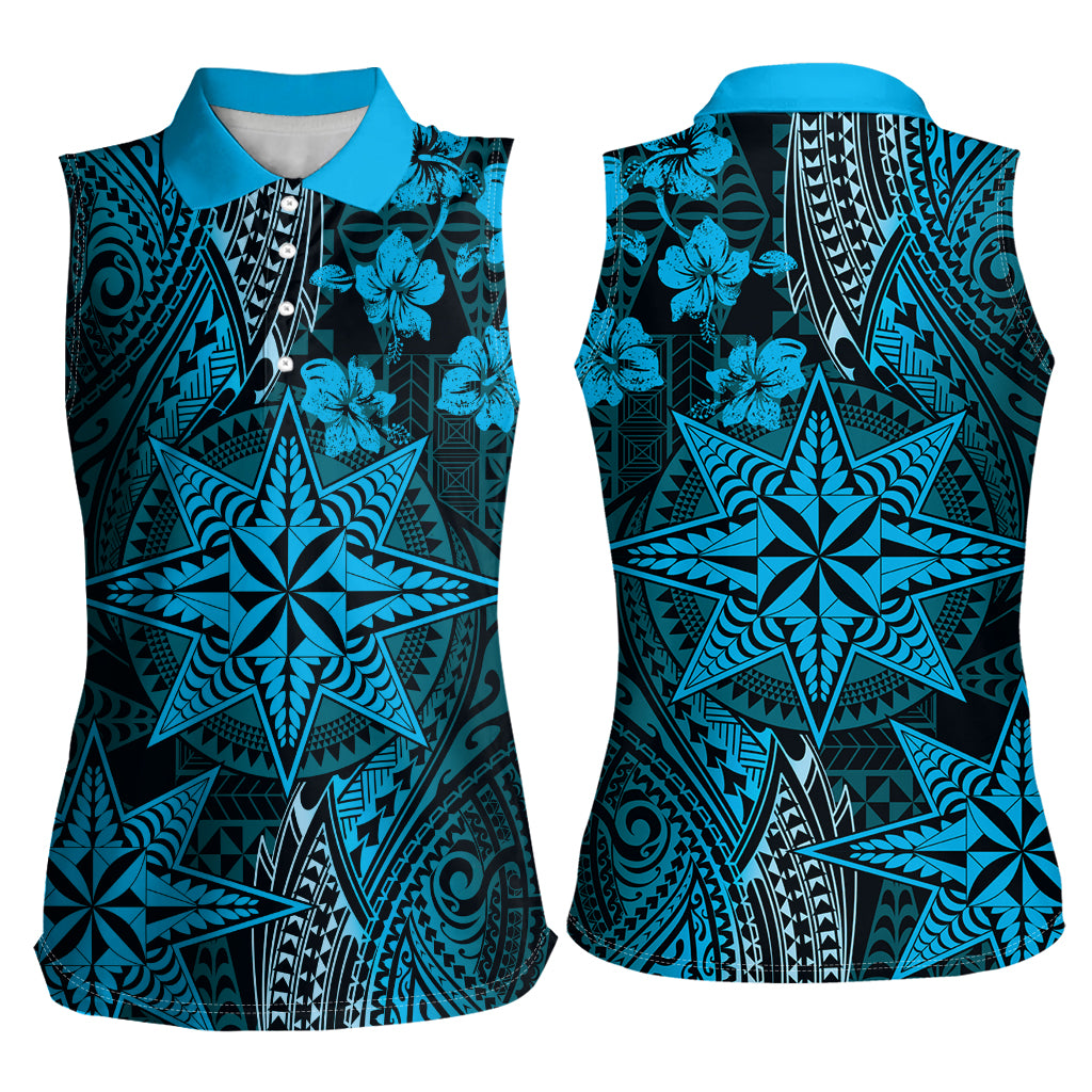 Vintage Tonga Tribal Ngatu Pattern Women Sleeveless Polo Shirt With Pacific Floral Aqua Art