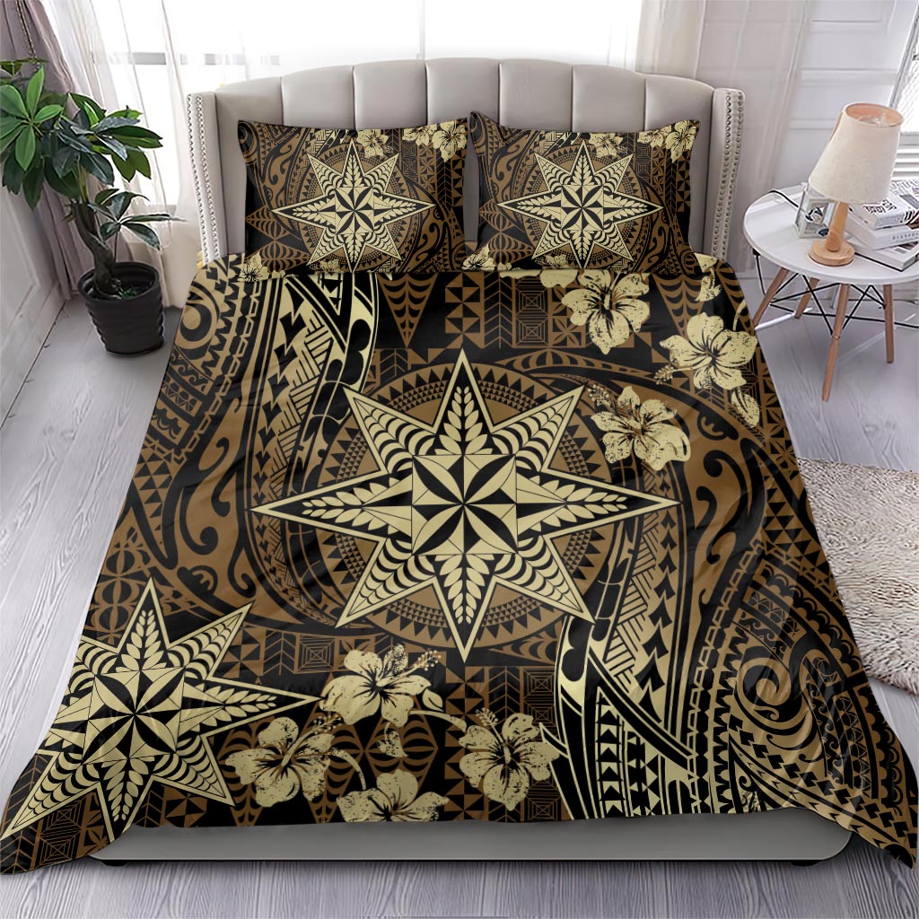 Vintage Tonga Tribal Ngatu Pattern Bedding Set With Pacific Floral Brown Art LT9 - Polynesian Pride