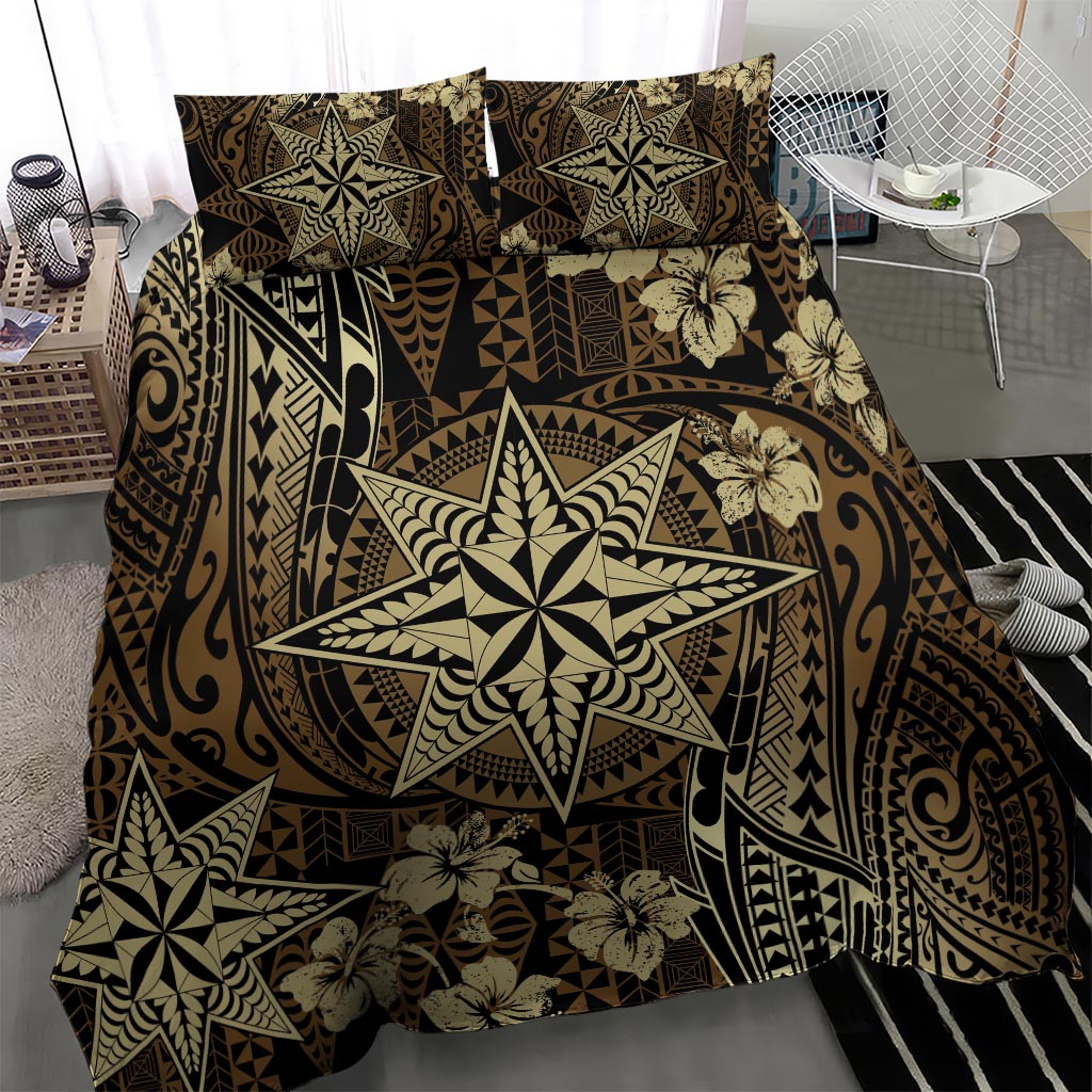 Vintage Tonga Tribal Ngatu Pattern Bedding Set With Pacific Floral Brown Art LT9 - Polynesian Pride