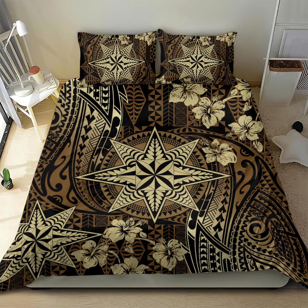 Vintage Tonga Tribal Ngatu Pattern Bedding Set With Pacific Floral Brown Art LT9 - Polynesian Pride