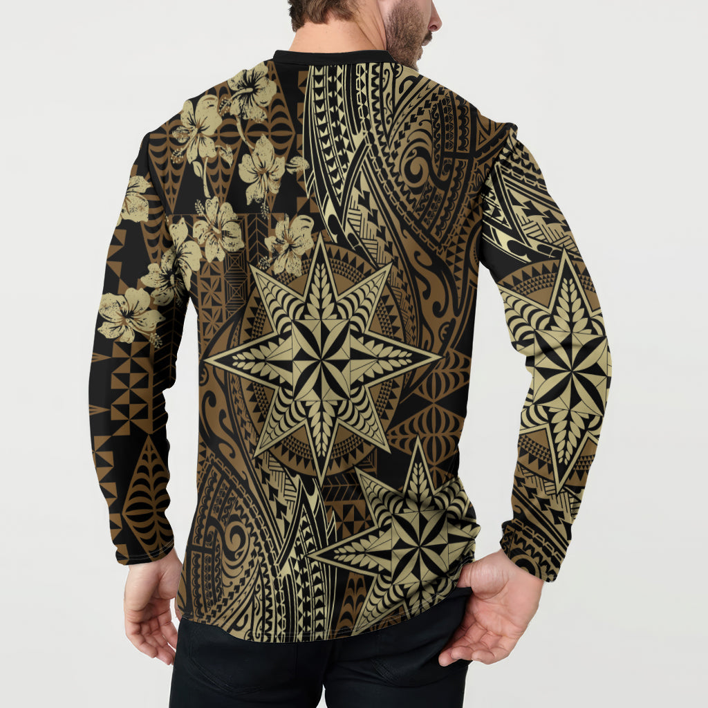 Vintage Tonga Tribal Ngatu Pattern Button Sweatshirt With Pacific Floral Brown Art LT9 - Polynesian Pride