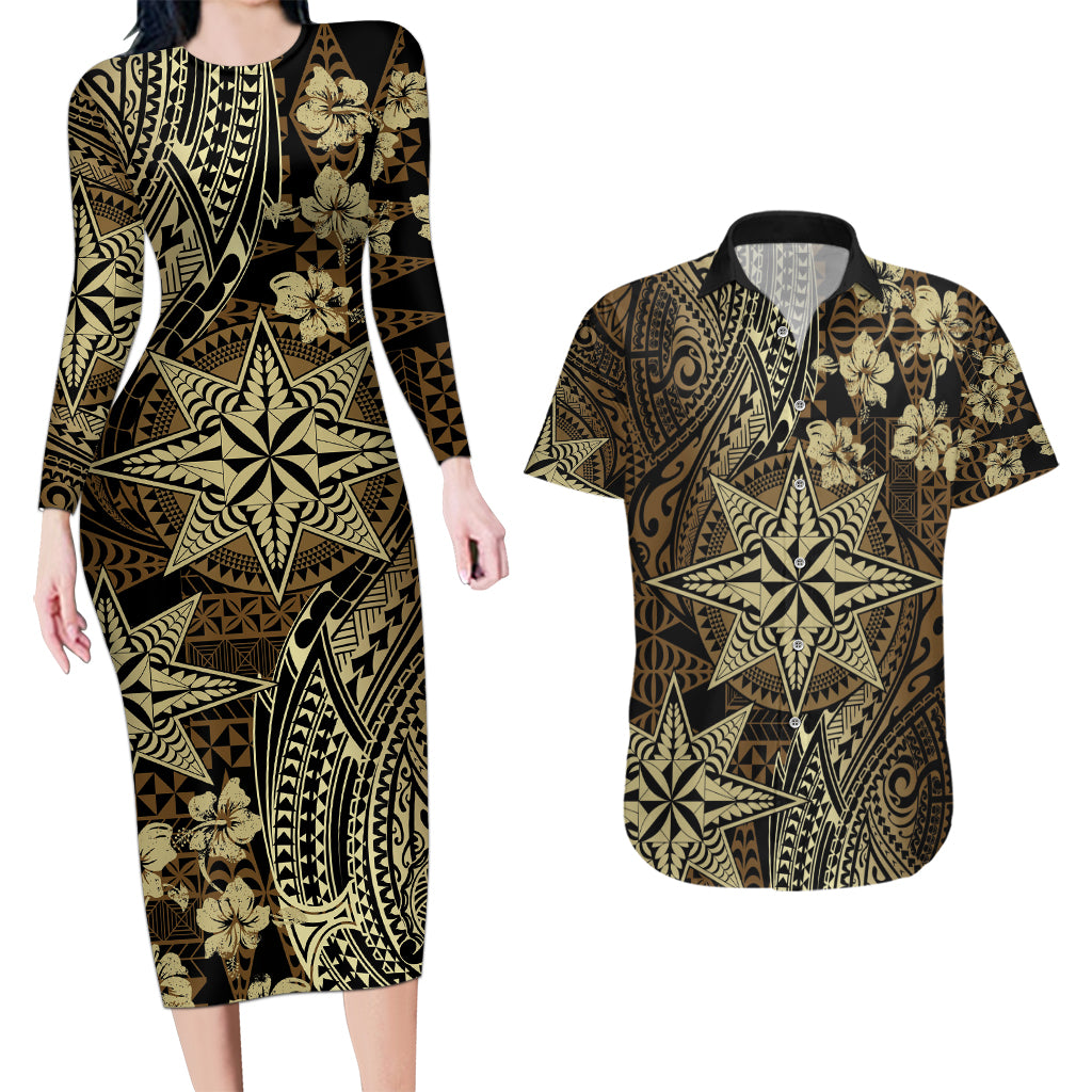 Vintage Tonga Tribal Ngatu Pattern Couples Matching Long Sleeve Bodycon Dress and Hawaiian Shirt With Pacific Floral Brown Art LT9 Brown - Polynesian Pride