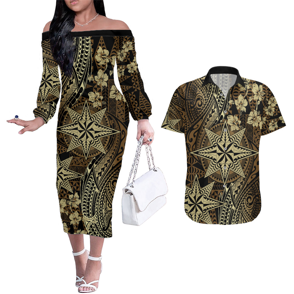 Vintage Tonga Tribal Ngatu Pattern Couples Matching Off The Shoulder Long Sleeve Dress and Hawaiian Shirt With Pacific Floral Brown Art