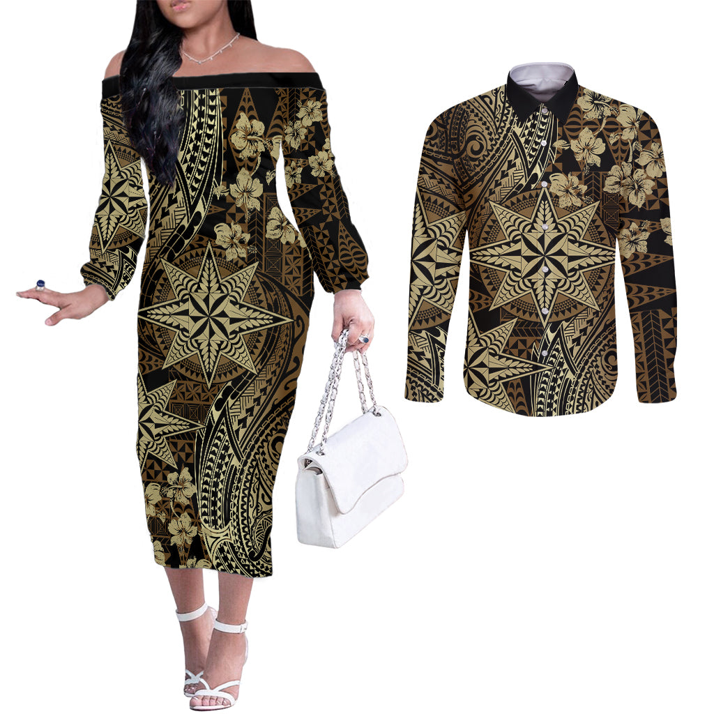 Vintage Tonga Tribal Ngatu Pattern Couples Matching Off The Shoulder Long Sleeve Dress and Long Sleeve Button Shirt With Pacific Floral Brown Art