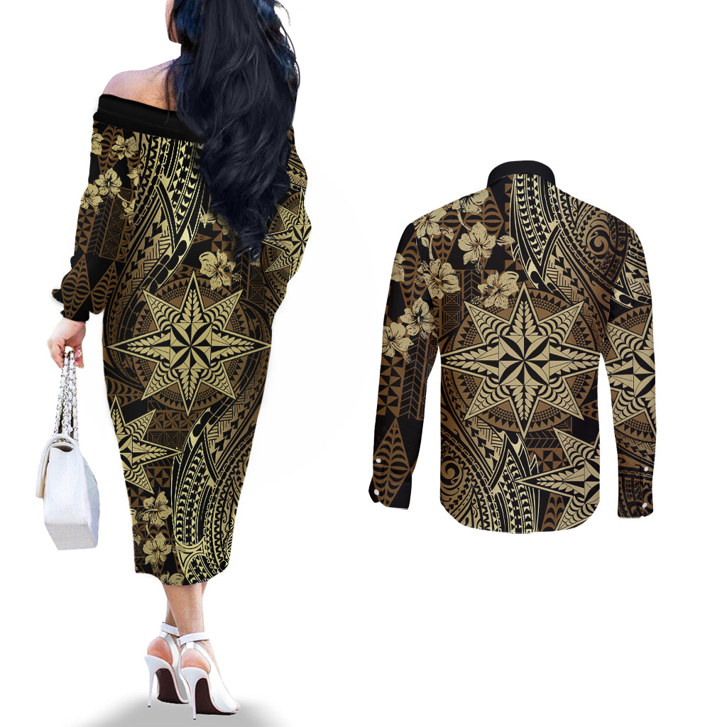 Vintage Tonga Tribal Ngatu Pattern Couples Matching Off The Shoulder Long Sleeve Dress and Long Sleeve Button Shirt With Pacific Floral Brown Art