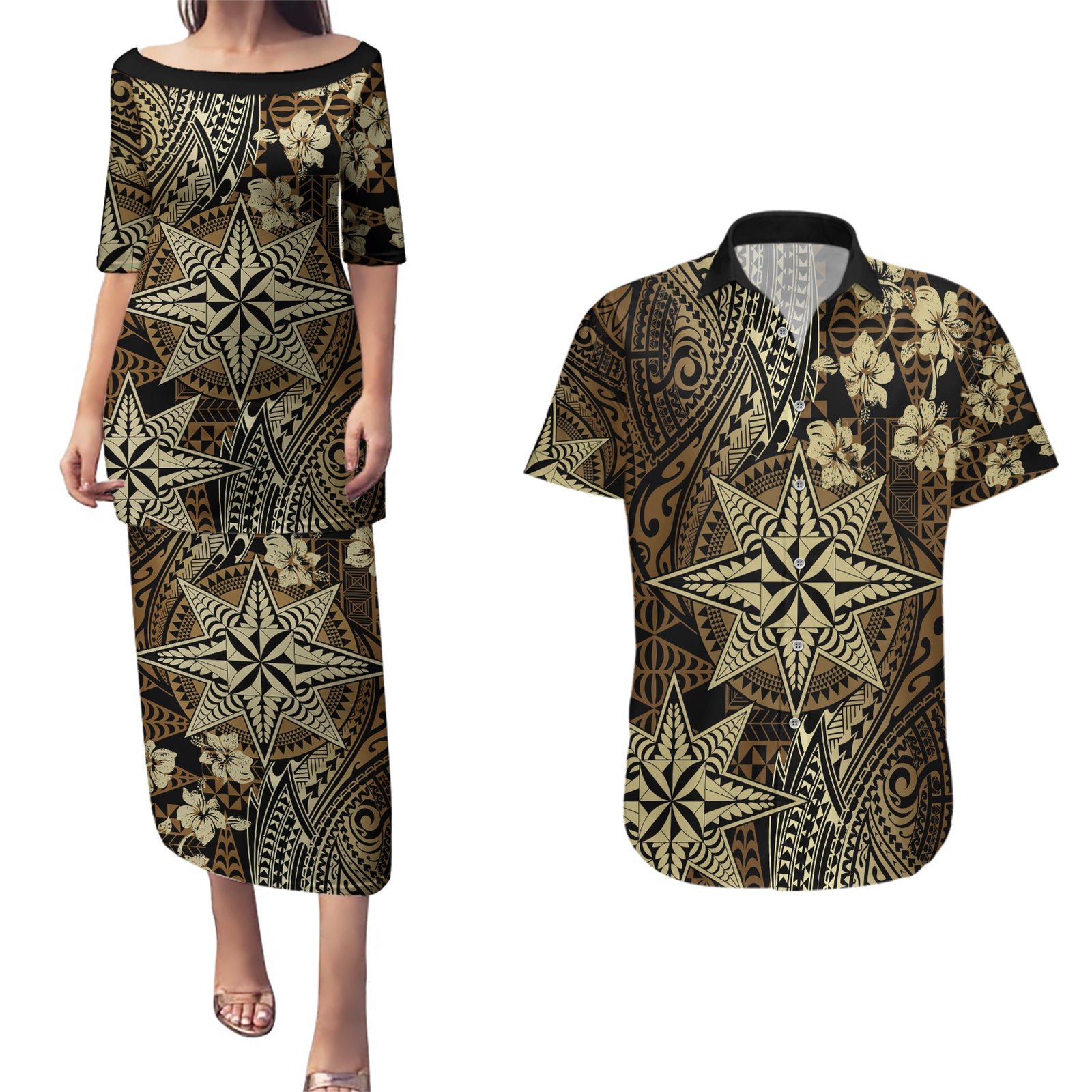 Vintage Tonga Tribal Ngatu Pattern Couples Matching Puletasi and Hawaiian Shirt With Pacific Floral Brown Art LT9 Brown - Polynesian Pride