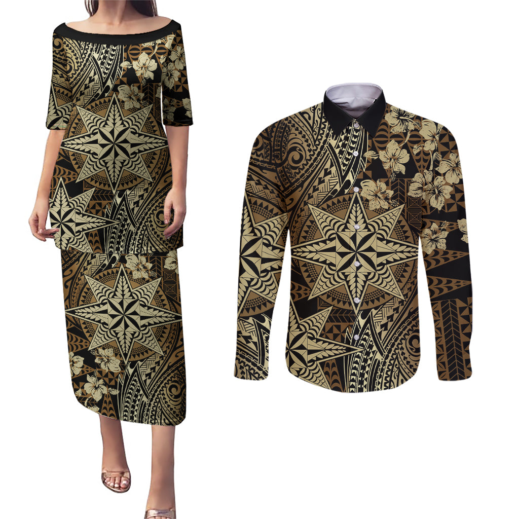 Vintage Tonga Tribal Ngatu Pattern Couples Matching Puletasi and Long Sleeve Button Shirt With Pacific Floral Brown Art LT9 Brown - Polynesian Pride