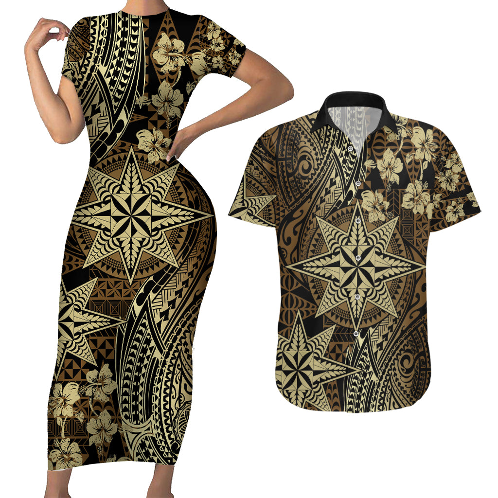 Vintage Tonga Tribal Ngatu Pattern Couples Matching Short Sleeve Bodycon Dress and Hawaiian Shirt With Pacific Floral Brown Art