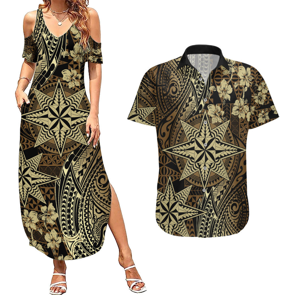 Vintage Tonga Tribal Ngatu Pattern Couples Matching Summer Maxi Dress and Hawaiian Shirt With Pacific Floral Brown Art