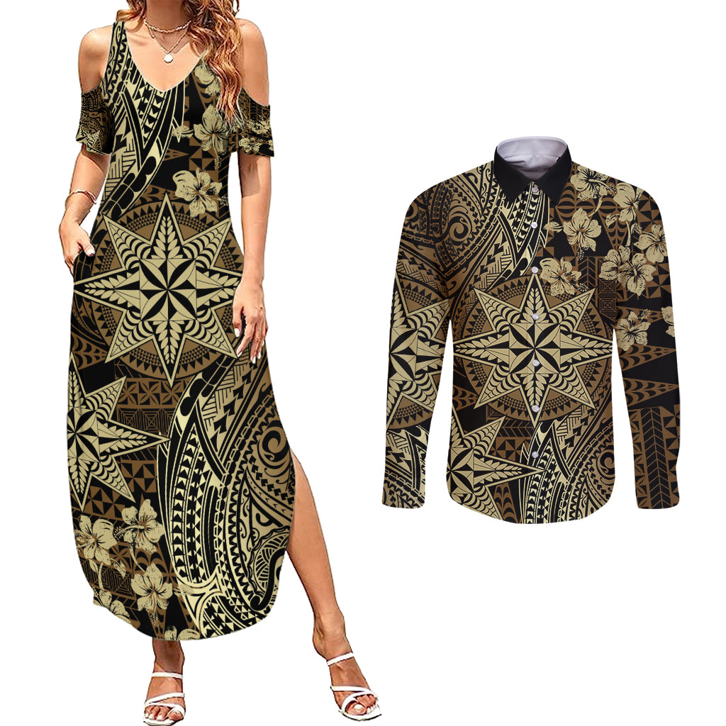 Vintage Tonga Tribal Ngatu Pattern Couples Matching Summer Maxi Dress and Long Sleeve Button Shirt With Pacific Floral Brown Art LT9 Brown - Polynesian Pride