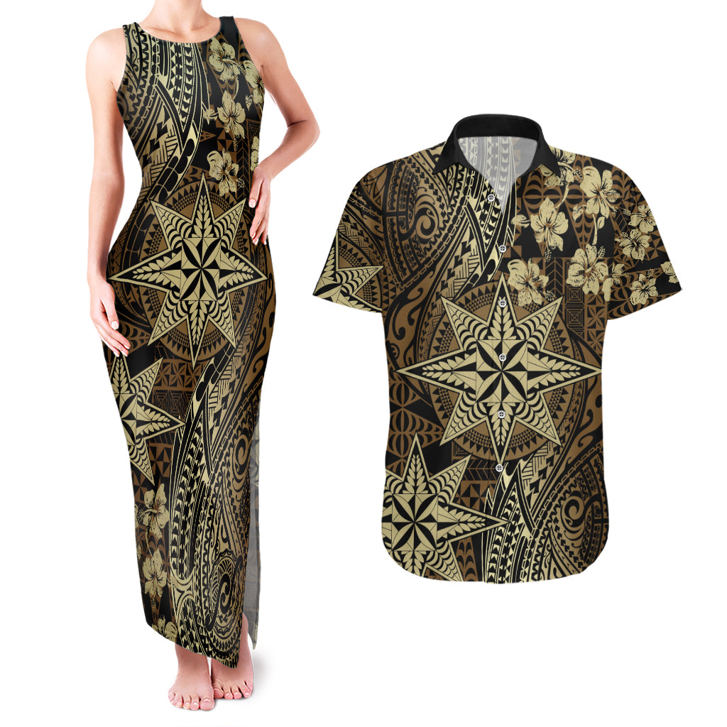 Vintage Tonga Tribal Ngatu Pattern Couples Matching Tank Maxi Dress and Hawaiian Shirt With Pacific Floral Brown Art