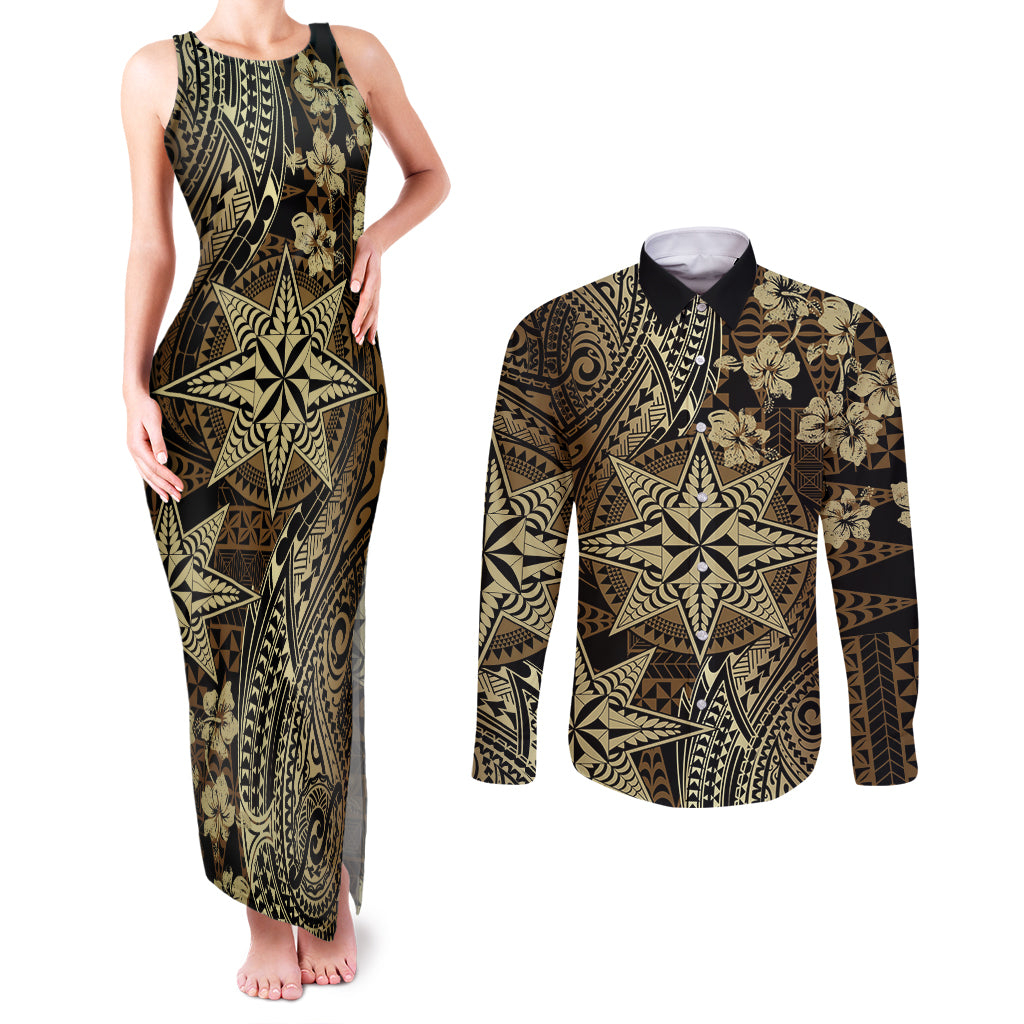Vintage Tonga Tribal Ngatu Pattern Couples Matching Tank Maxi Dress and Long Sleeve Button Shirt With Pacific Floral Brown Art LT9 Brown - Polynesian Pride