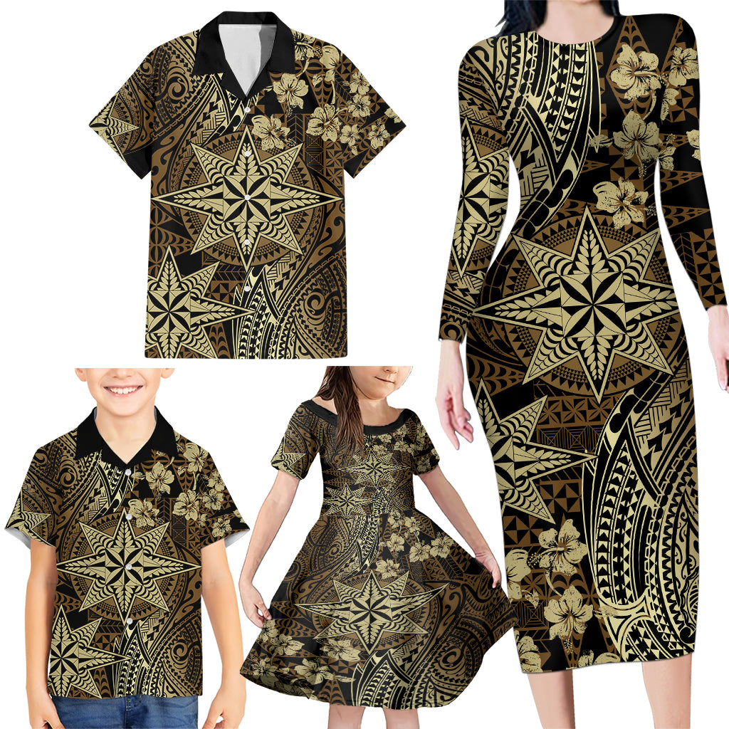 Vintage Tonga Tribal Ngatu Pattern Family Matching Long Sleeve Bodycon Dress and Hawaiian Shirt With Pacific Floral Brown Art