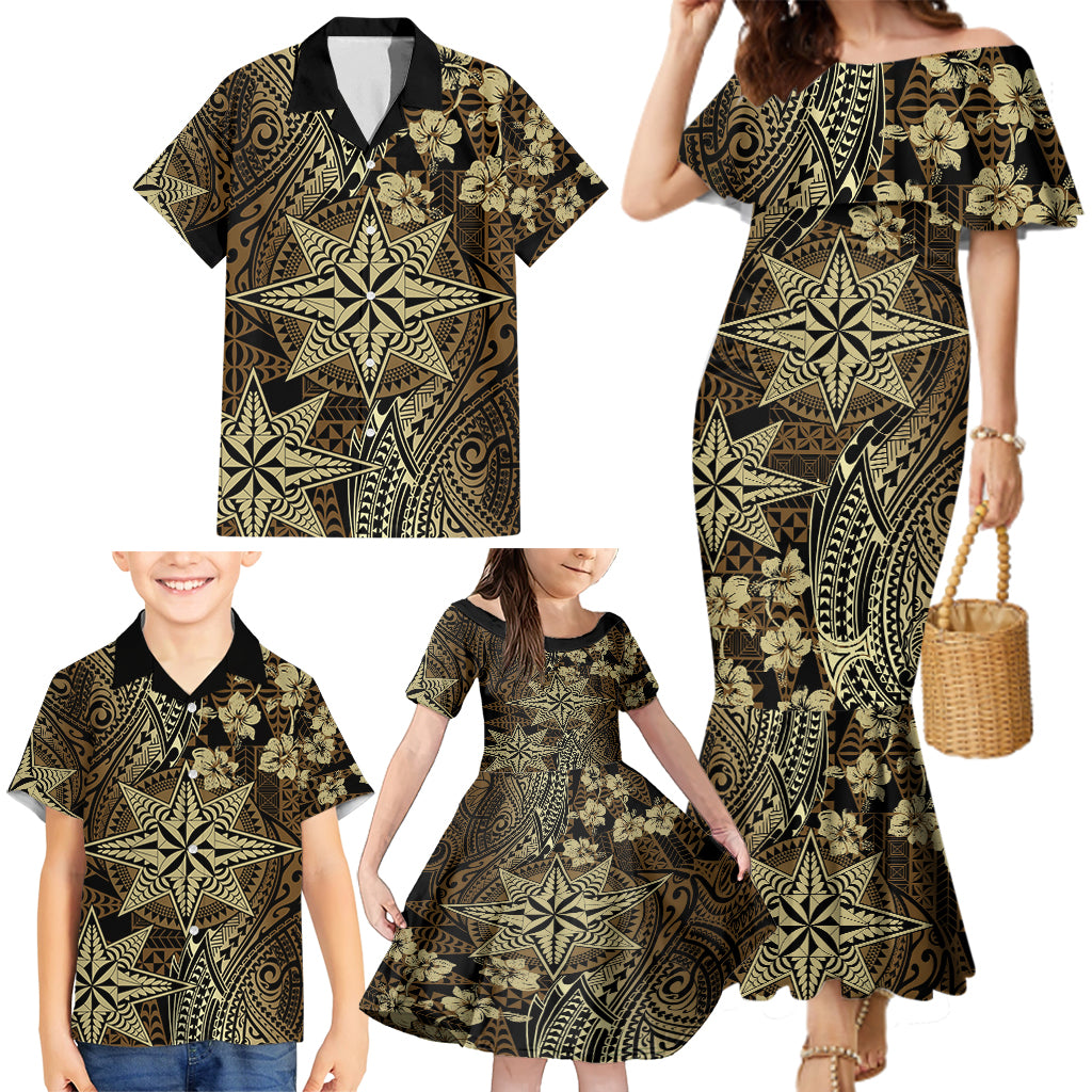 Vintage Tonga Tribal Ngatu Pattern Family Matching Mermaid Dress and Hawaiian Shirt With Pacific Floral Brown Art