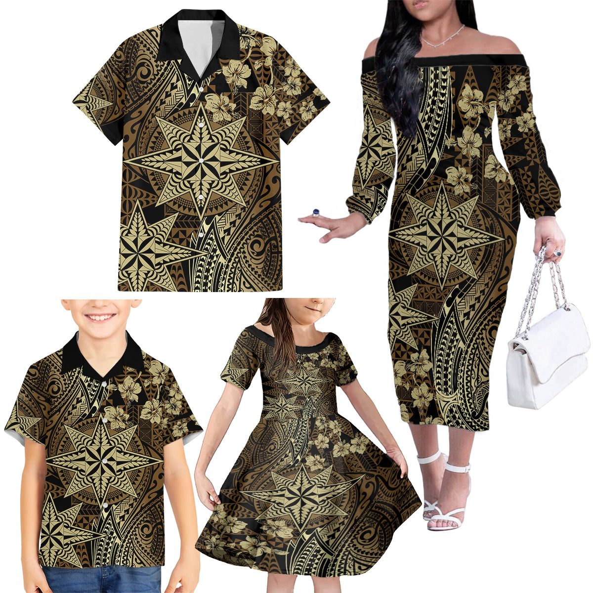 Vintage Tonga Tribal Ngatu Pattern Family Matching Off The Shoulder Long Sleeve Dress and Hawaiian Shirt With Pacific Floral Brown Art