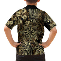 Vintage Tonga Tribal Ngatu Pattern Family Matching Off Shoulder Short Dress and Hawaiian Shirt With Pacific Floral Brown Art