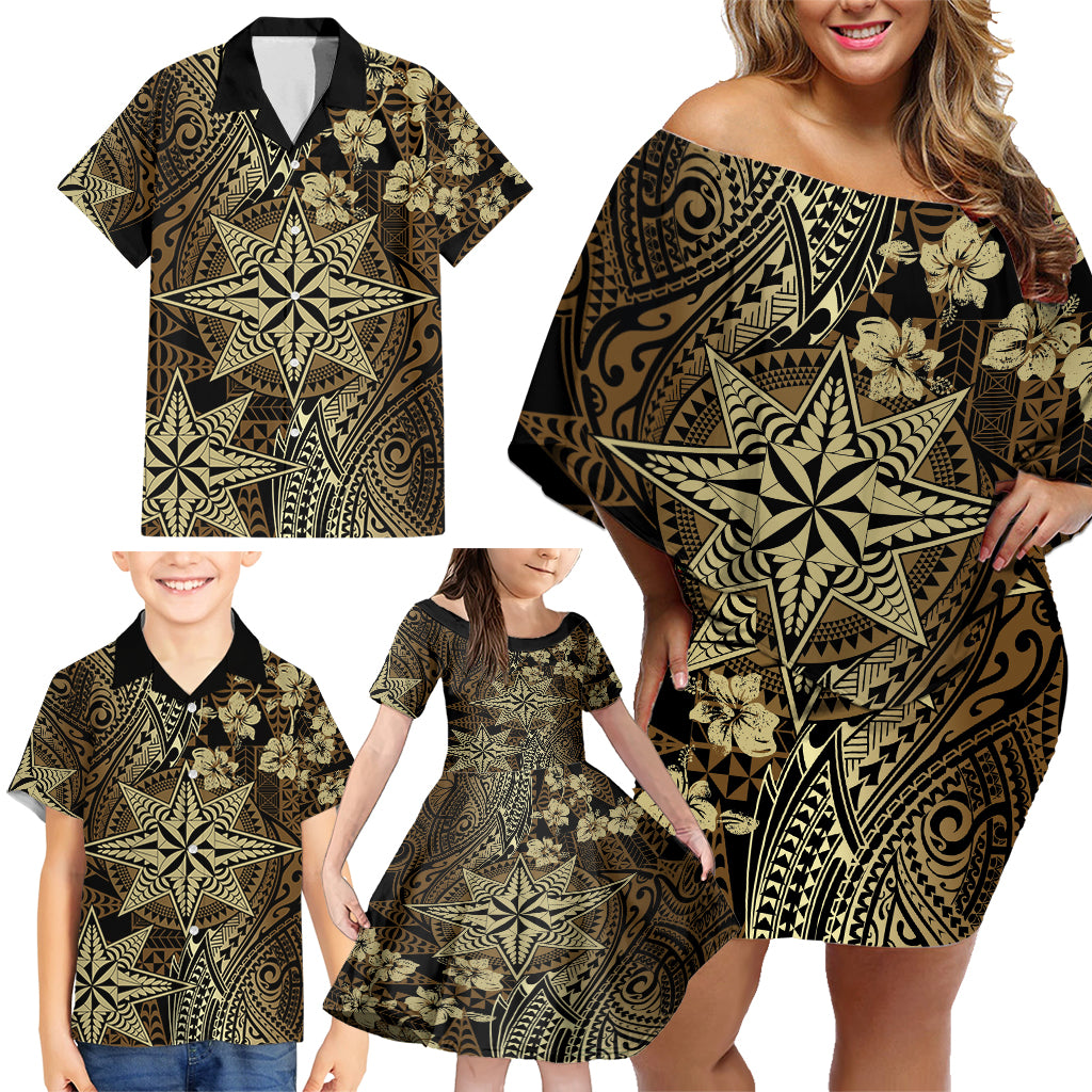 Vintage Tonga Tribal Ngatu Pattern Family Matching Off Shoulder Short Dress and Hawaiian Shirt With Pacific Floral Brown Art