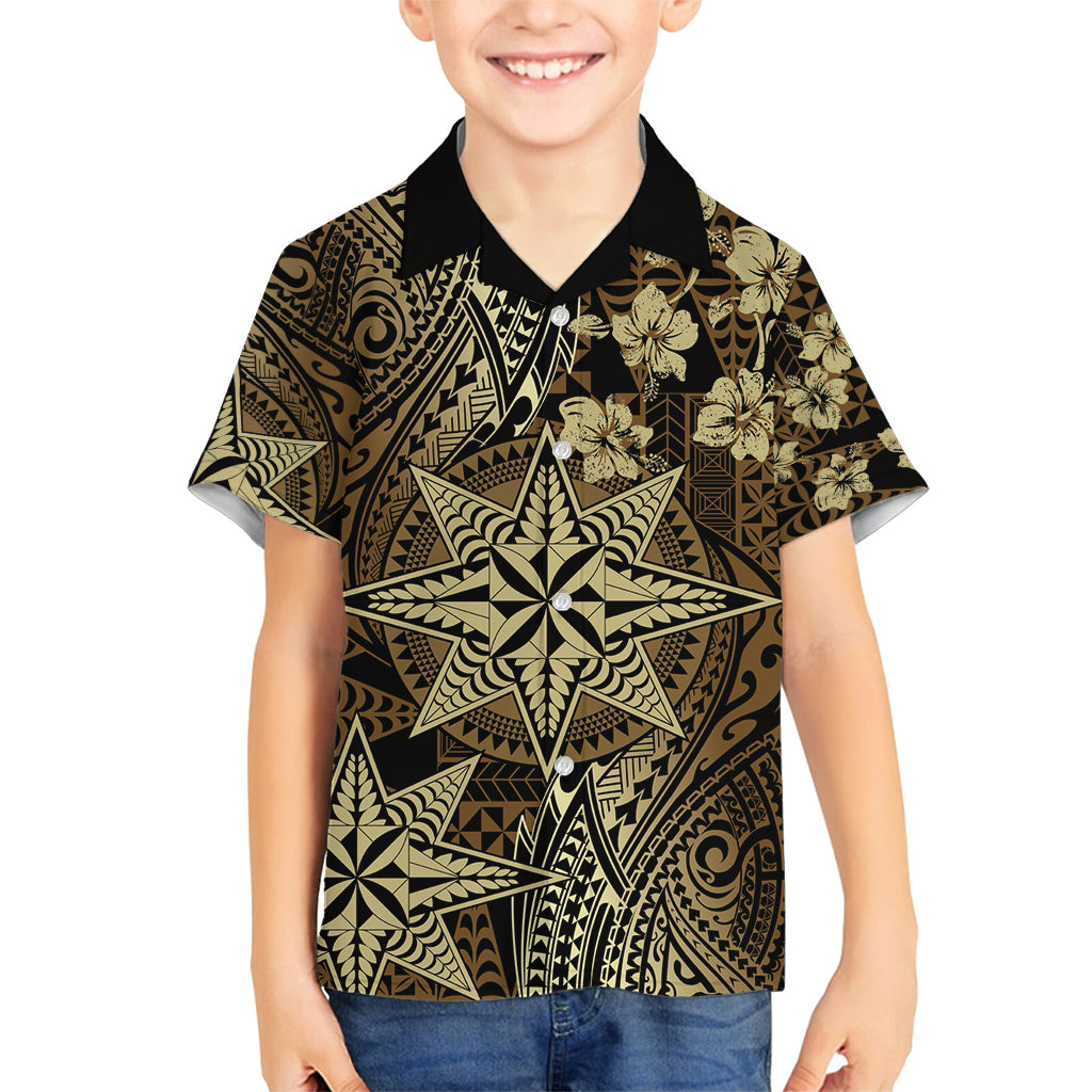 Vintage Tonga Tribal Ngatu Pattern Family Matching Off Shoulder Short Dress and Hawaiian Shirt With Pacific Floral Brown Art