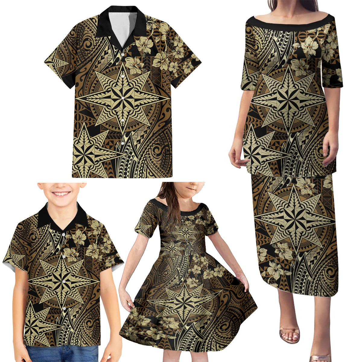 Vintage Tonga Tribal Ngatu Pattern Family Matching Puletasi and Hawaiian Shirt With Pacific Floral Brown Art