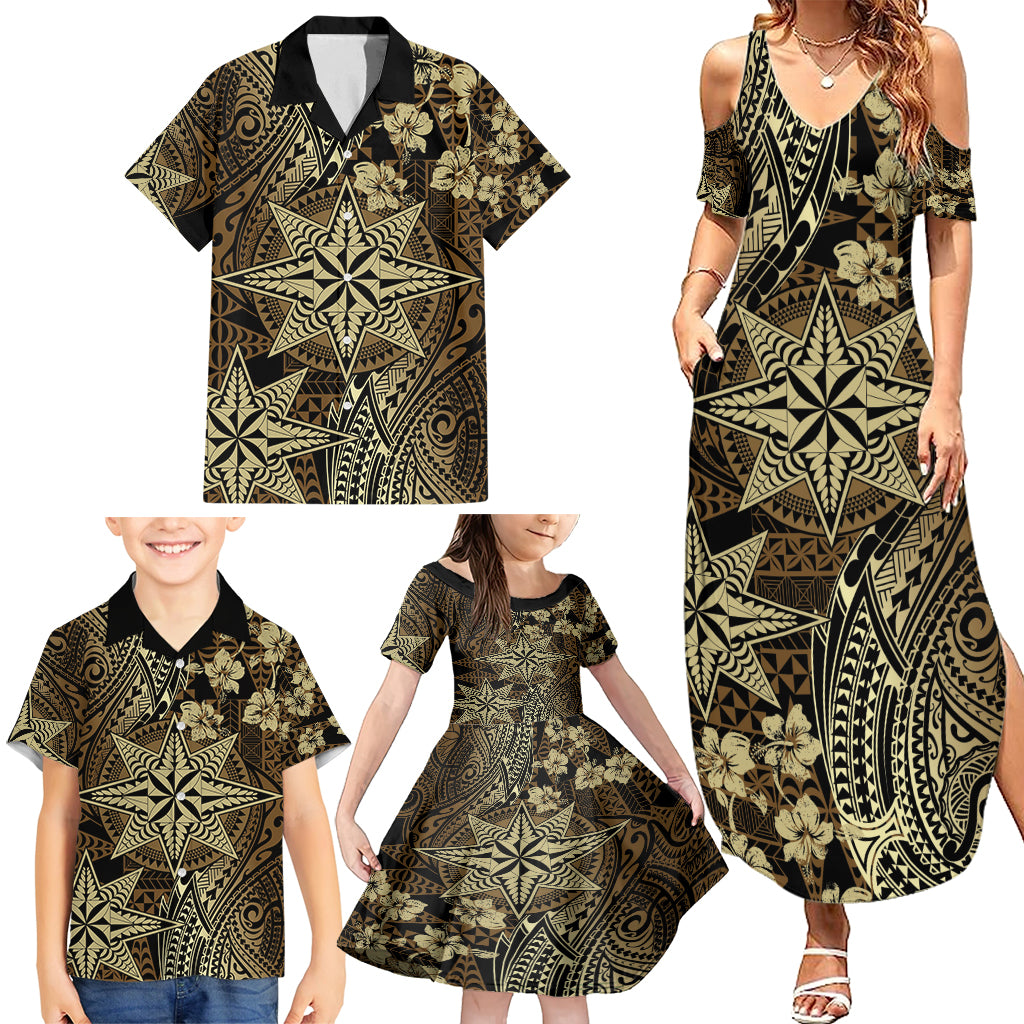 Vintage Tonga Tribal Ngatu Pattern Family Matching Summer Maxi Dress and Hawaiian Shirt With Pacific Floral Brown Art