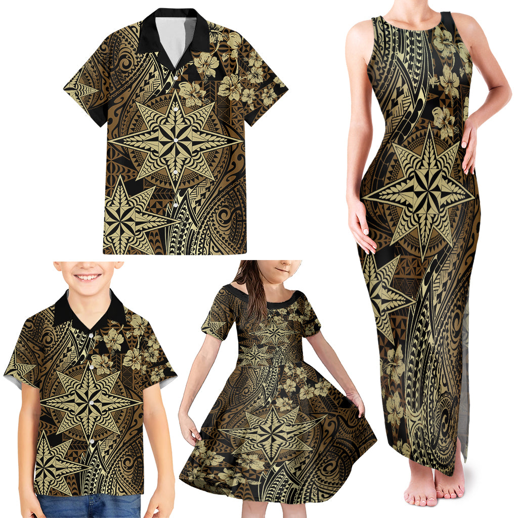 Vintage Tonga Tribal Ngatu Pattern Family Matching Tank Maxi Dress and Hawaiian Shirt With Pacific Floral Brown Art LT9 - Polynesian Pride