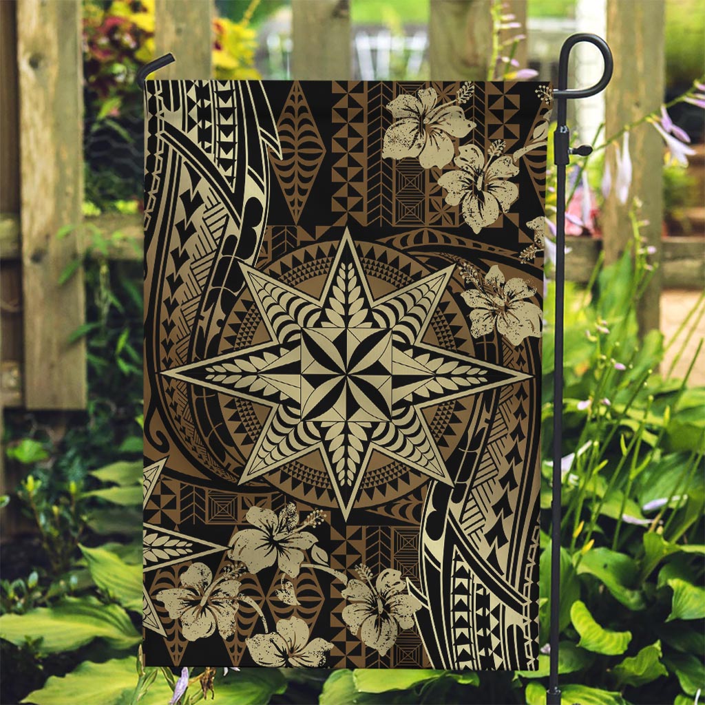 Vintage Tonga Tribal Ngatu Pattern Garden Flag With Pacific Floral Brown Art