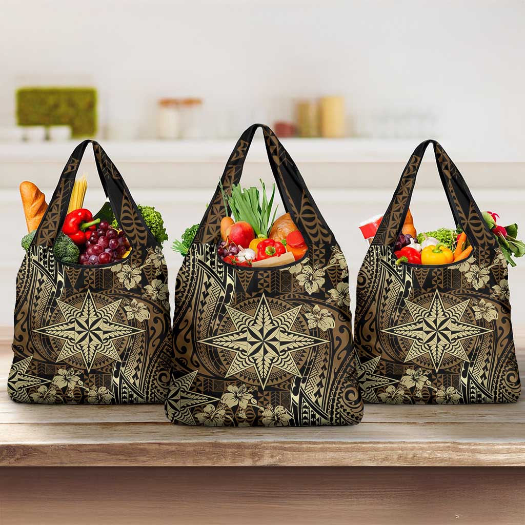 Vintage Tonga Tribal Ngatu Pattern Grocery Bag With Pacific Floral Brown Art LT9 3-pack One Size Brown - Polynesian Pride