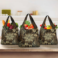 Vintage Tonga Tribal Ngatu Pattern Grocery Bag With Pacific Floral Brown Art LT9 3-pack One Size Brown - Polynesian Pride