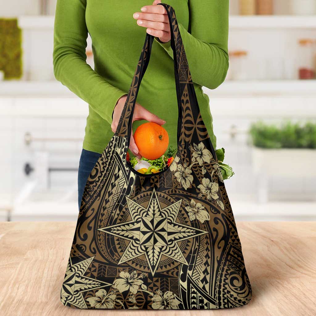 Vintage Tonga Tribal Ngatu Pattern Grocery Bag With Pacific Floral Brown Art LT9 - Polynesian Pride