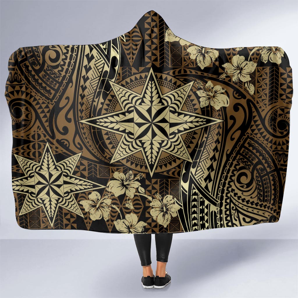 Vintage Tonga Tribal Ngatu Pattern Hooded Blanket With Pacific Floral Brown Art LT9 - Polynesian Pride