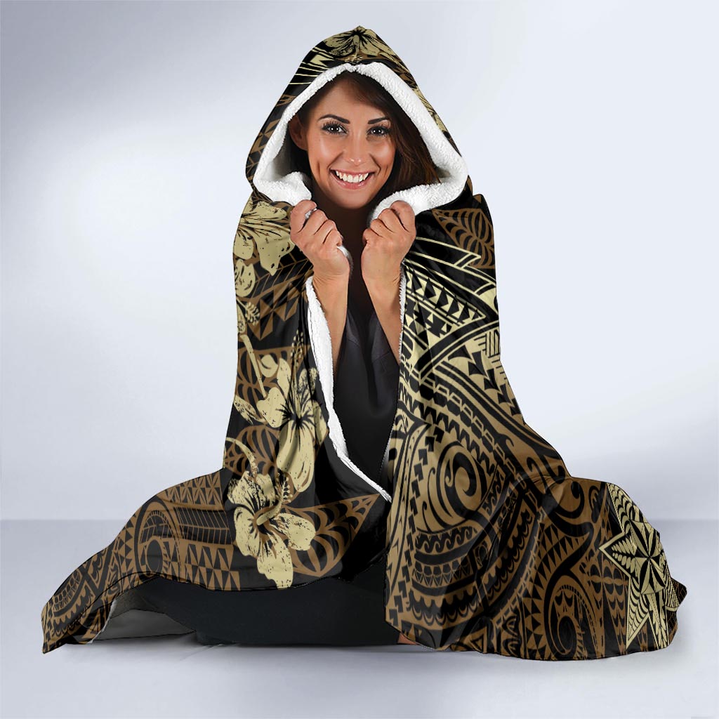 Vintage Tonga Tribal Ngatu Pattern Hooded Blanket With Pacific Floral Brown Art LT9 - Polynesian Pride