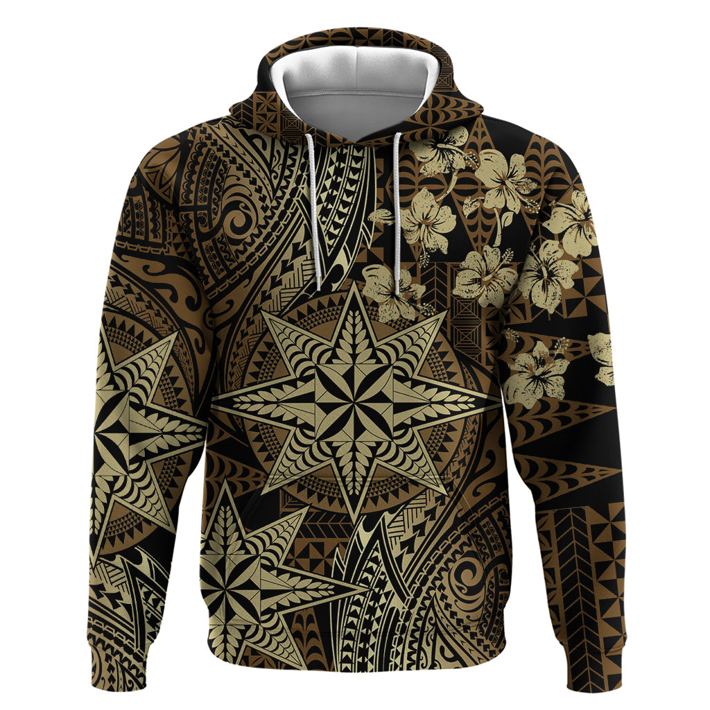 Vintage Tonga Tribal Ngatu Pattern Hoodie With Pacific Floral Brown Art