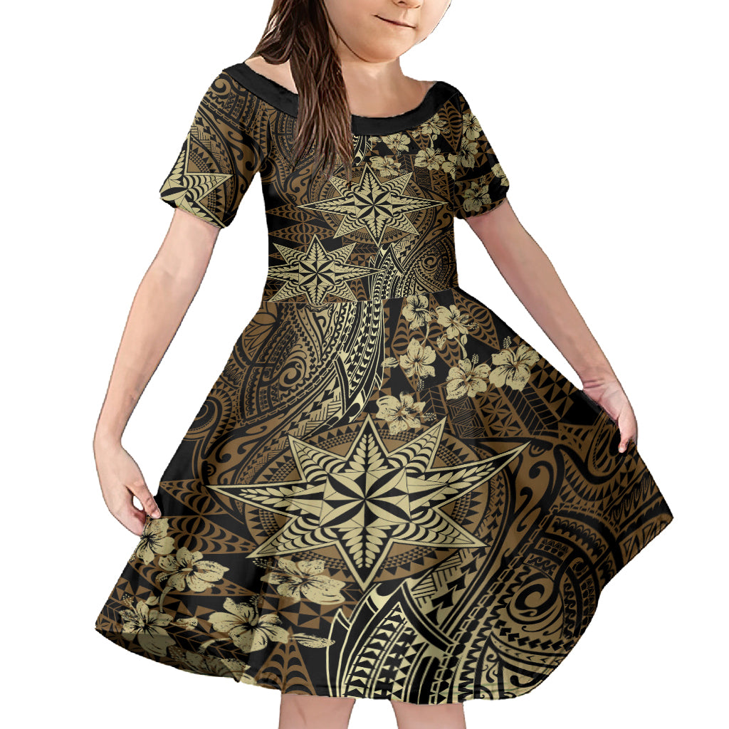 Vintage Tonga Tribal Ngatu Pattern Kid Short Sleeve Dress With Pacific Floral Brown Art