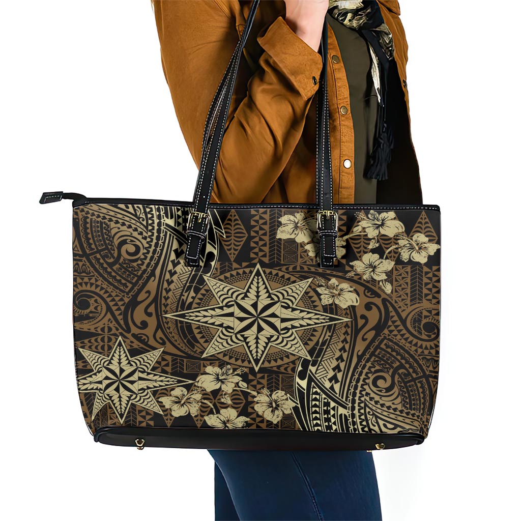 Vintage Tonga Tribal Ngatu Pattern Leather Tote Bag With Pacific Floral Brown Art LT9 - Polynesian Pride