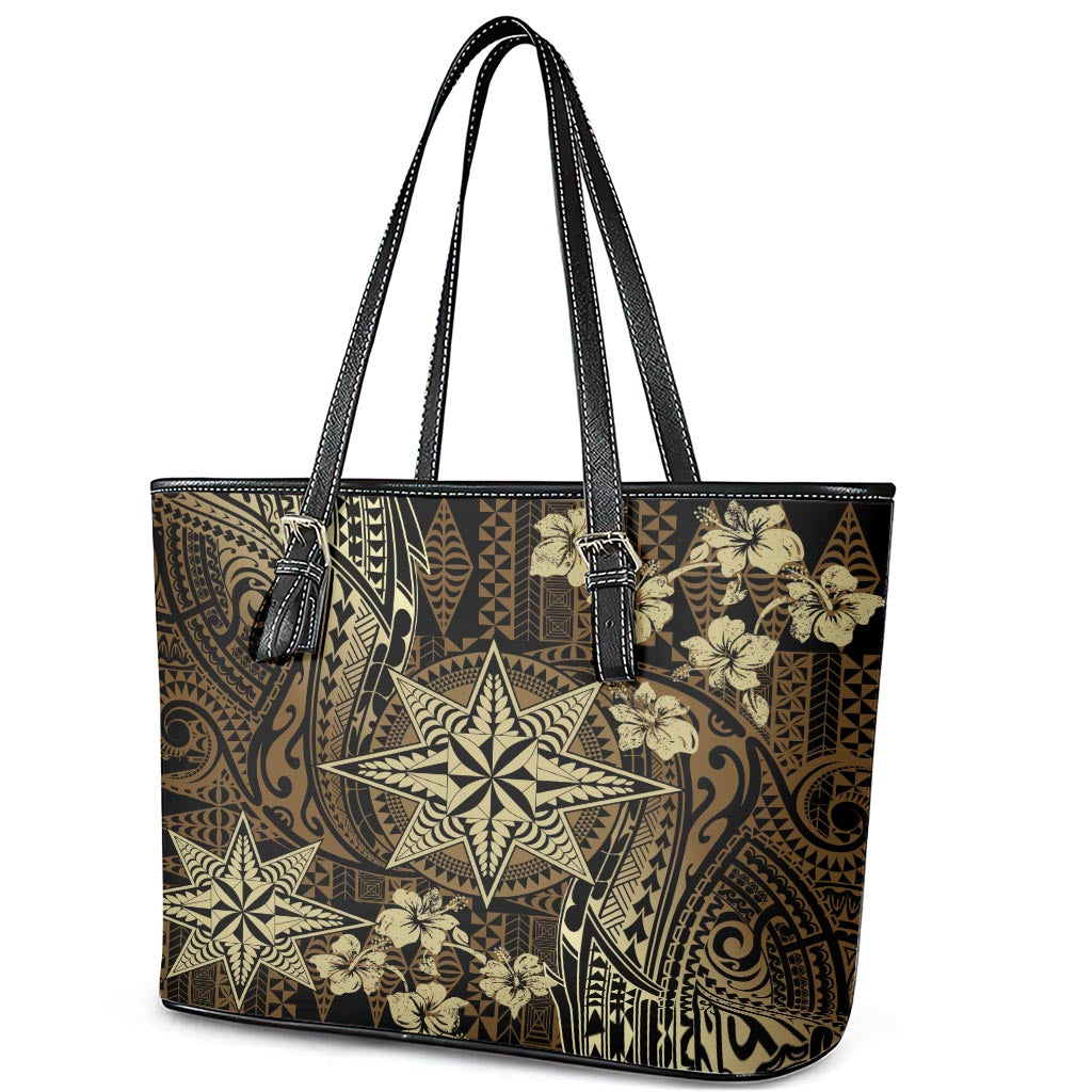 Vintage Tonga Tribal Ngatu Pattern Leather Tote Bag With Pacific Floral Brown Art LT9 - Polynesian Pride