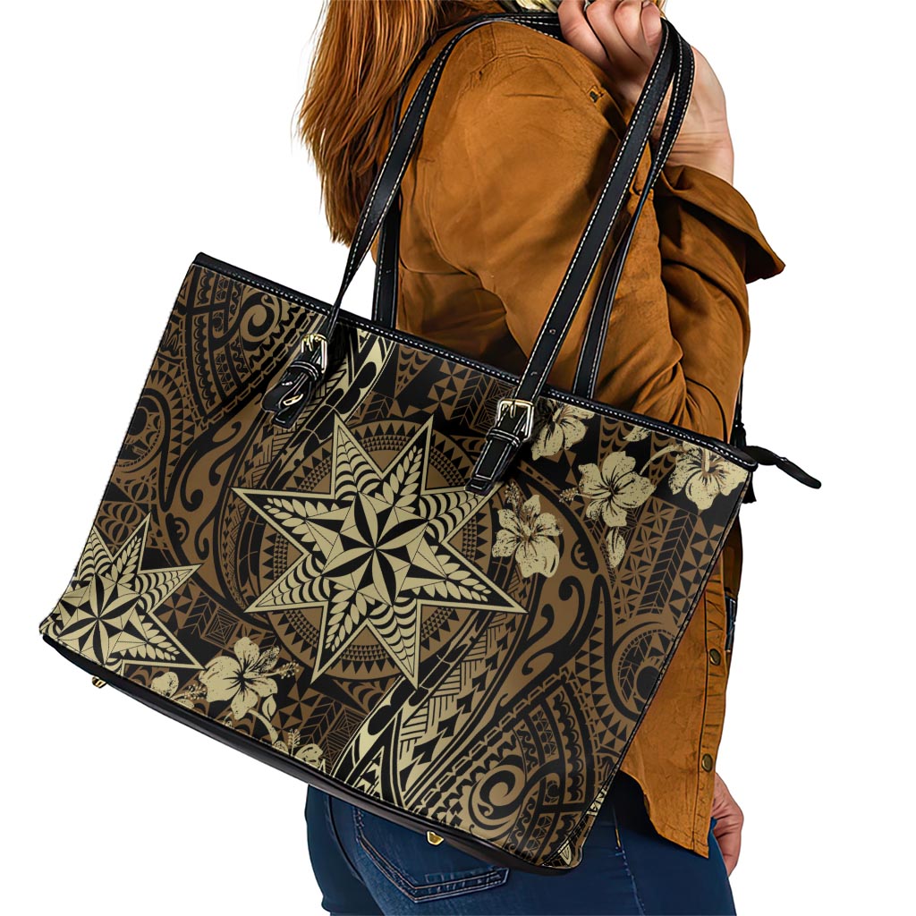 Vintage Tonga Tribal Ngatu Pattern Leather Tote Bag With Pacific Floral Brown Art LT9 - Polynesian Pride