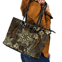 Vintage Tonga Tribal Ngatu Pattern Leather Tote Bag With Pacific Floral Brown Art LT9 - Polynesian Pride